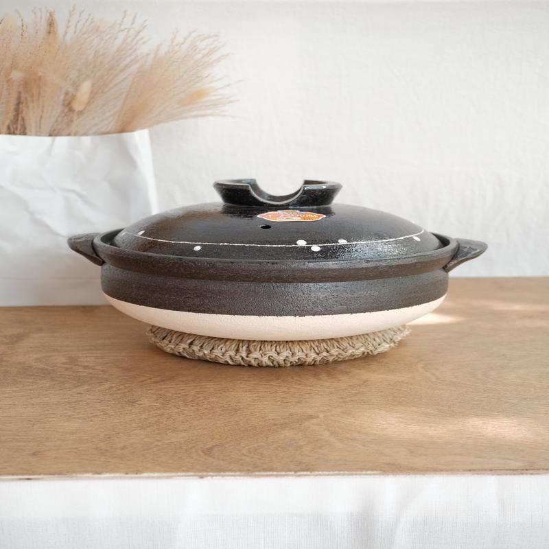 Banko ware Donabe Clay Pot Black Glaze Line Pattern Deep Pot