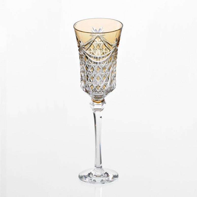 Kagami Crystal - Wine Glass, Edo Kiriko Drape & Tetragonal Basket Weave - Yellow