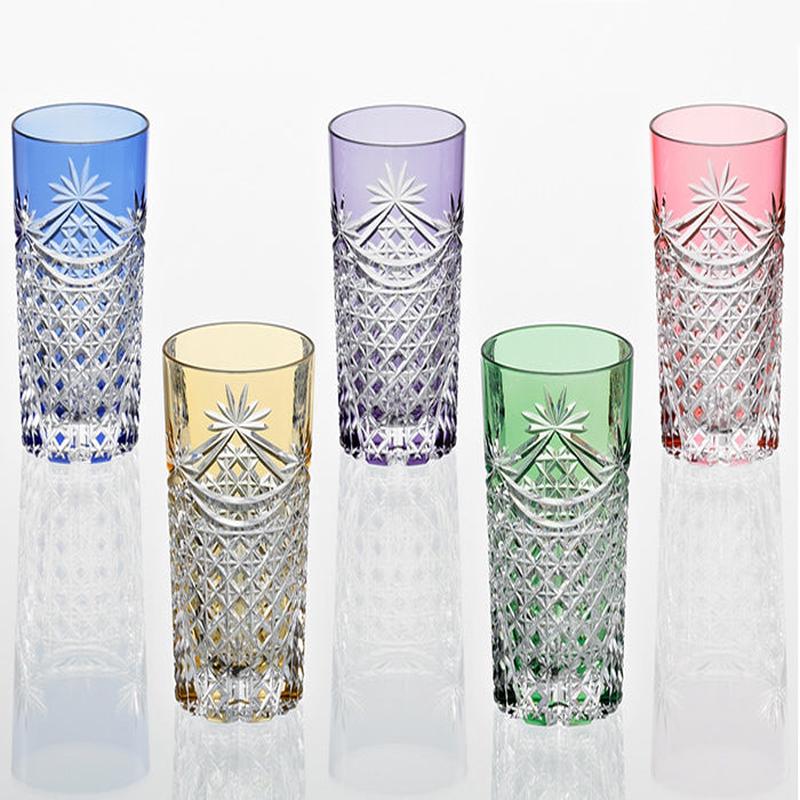 Kagami Crystal Set of 5 Tumblers Edo Kiriko Drape & Tetragonal Basket Weave