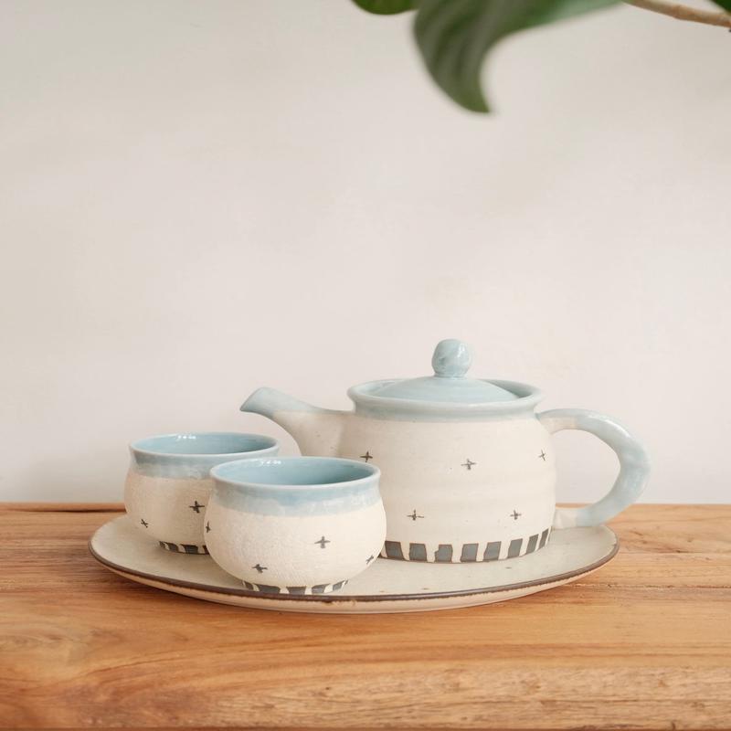 Mino Ware Coarse Pottery Teapot and Tea cup - Light Blue