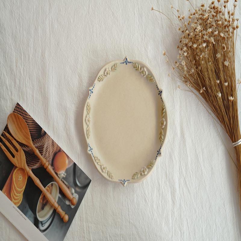 Blue Flower Embossed Ceramic Round Plate
