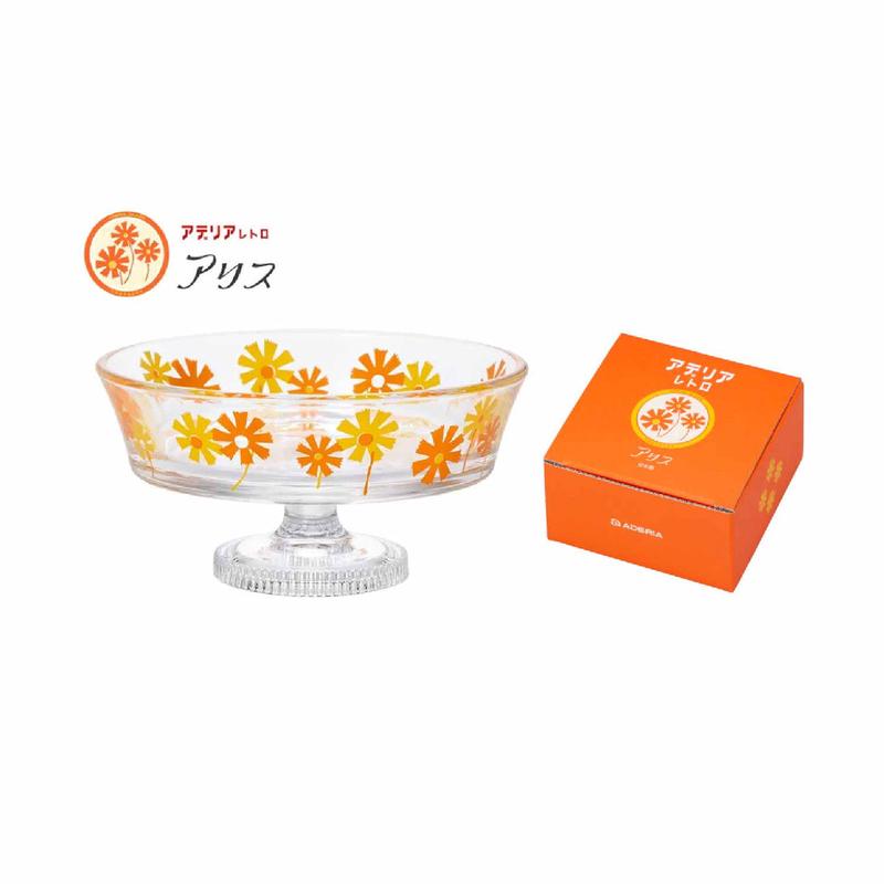 Aderai Glass Retro Pedestal Shallow Dessert Bowl - Orange Daisy