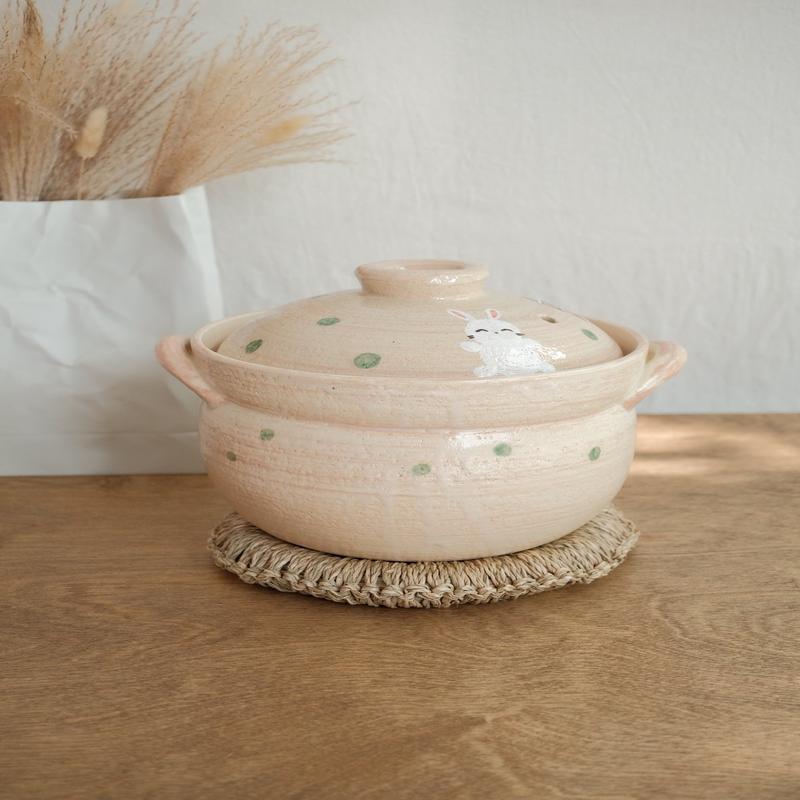 Donabe Banko Ware Double Lids Pink Bunny Clay Pot 2.2L