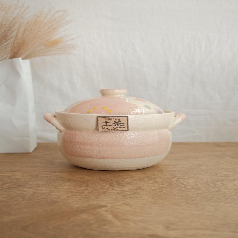Donabe Banko Ware Double Lids Pink Flower Clay Pot 1.1L