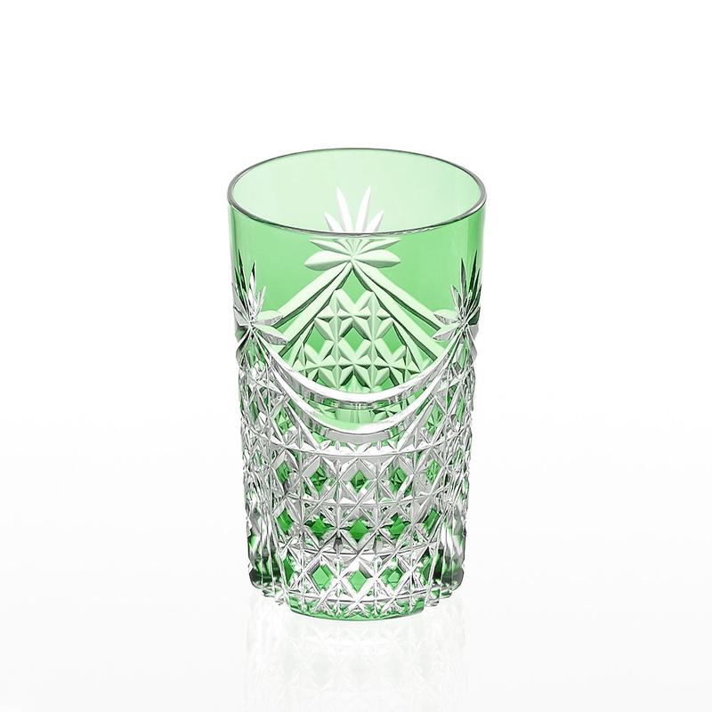 Kagami Crystal - Whiskey Glass, Edo Kiriko Drape & Tetragonal Basket Weave - Green