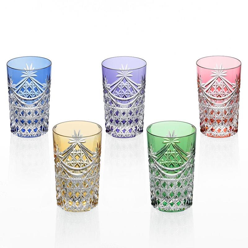 Kagami Crystal - Whiskey Glass, Edo Kiriko Set of 5 Whiskey Glasses Drape & Tetragonal Basket Weave