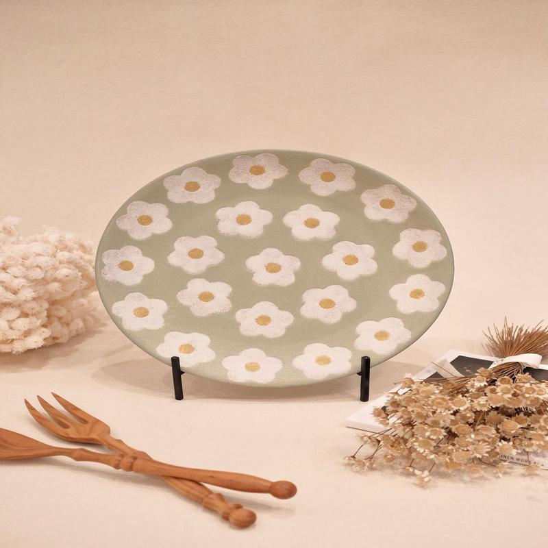 Kei Mitsumochi Green Flower Pattern Round Plate KM46