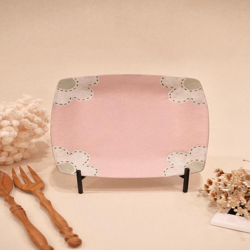 Kei Mitsumochi 17cm Square Plate - Pink Flower KM28
