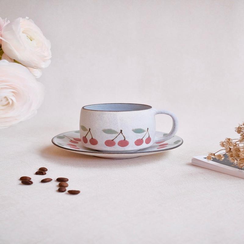 Kei Mitsumochi Cherry Mug with Saucer - Red KM13