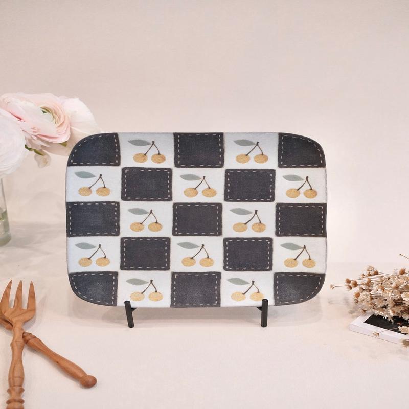 Kei Mitsumochi Square Plate - Checked Pattern Yellow Cherry KM19