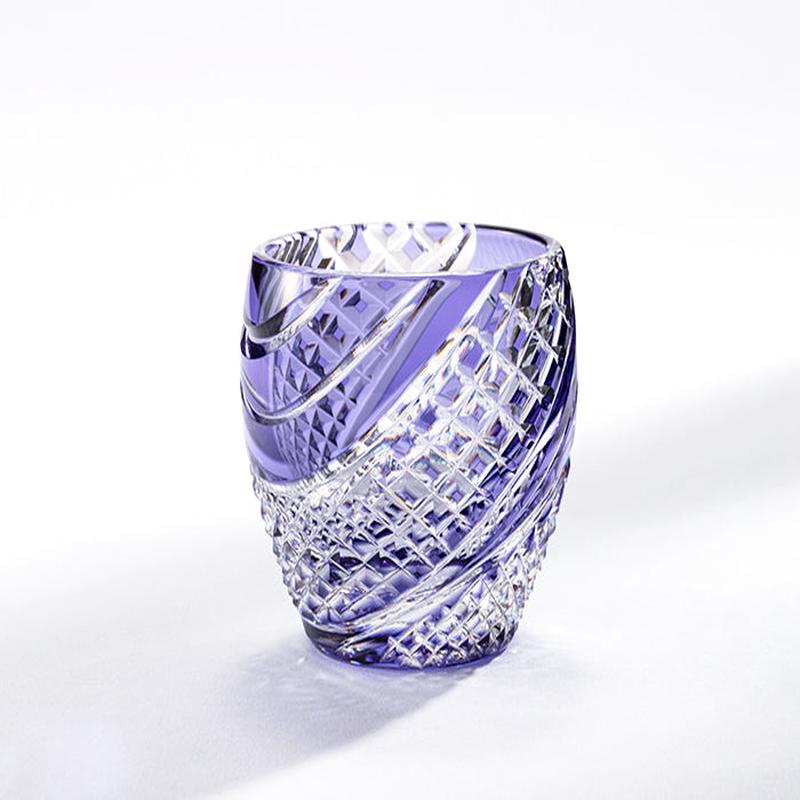 Kagami Crystal - Sake Glass, Edo Kiriko "Fish scales strip" Purple