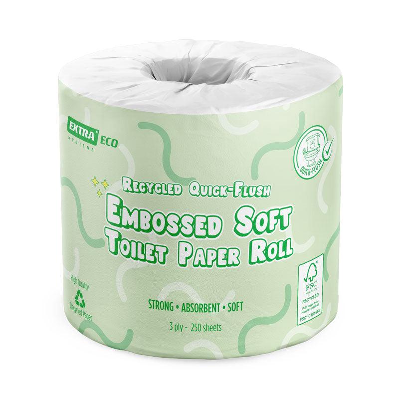 Extra Soft Recycled Toilet Paper Roll 3ply 250s, Embossed Quick-Flush