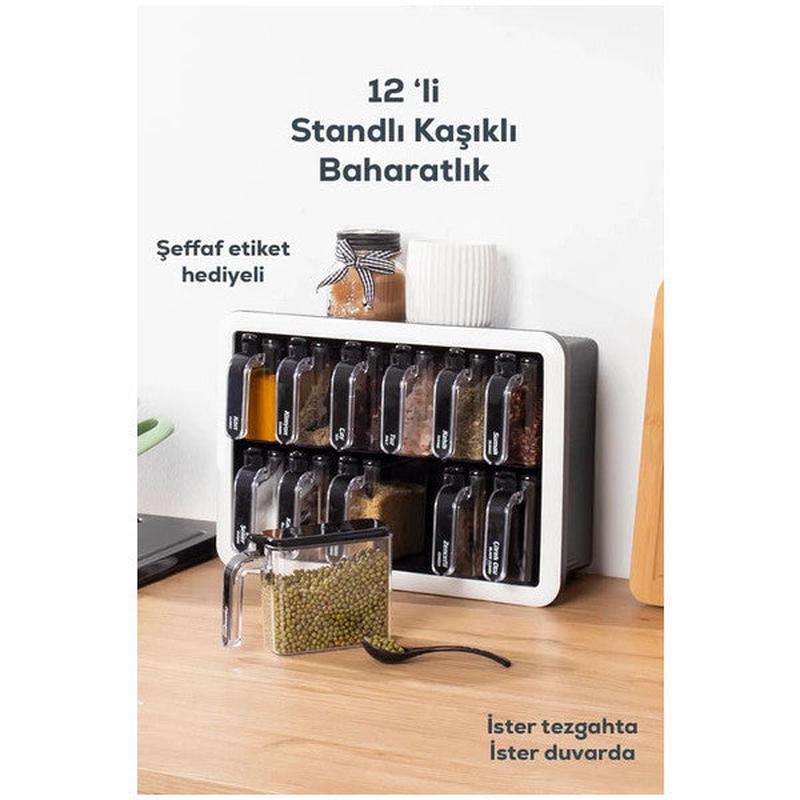 Porsima 1041 Stand 12 Piece Self Adhesive Spoon Lid Spice Jar Set-Labeled Spice Jar-Black