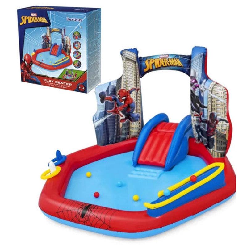 Bestway 98793 Licensed Spiderman Themed Slide Fountain Aquapark Inflatable Fun Pool, 211X206X127Cm