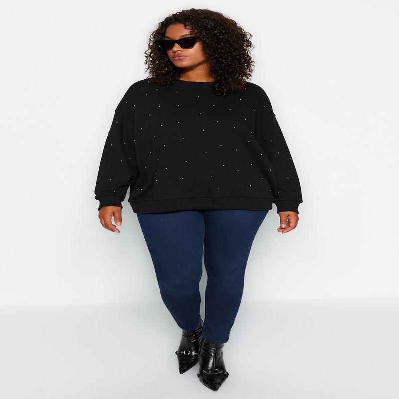 Curve Women's Black Straight Long Sleeve Oversized Plus Size Sweatshirt