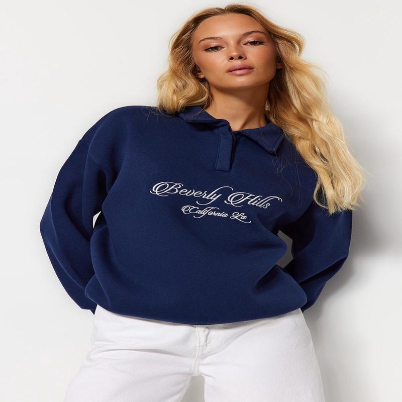 Women's Dark Blue Embroidery Long Sleeve Oversize Sweatshirt