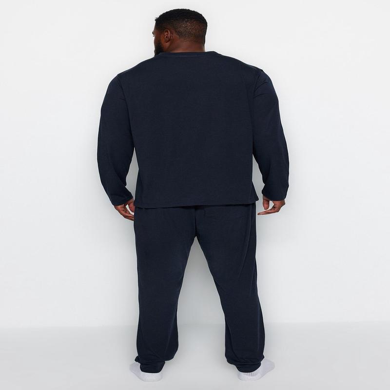 MAN Men's Dark blue Slogan Long sleeve Homewear Regular fit Plus Size Pajama Set