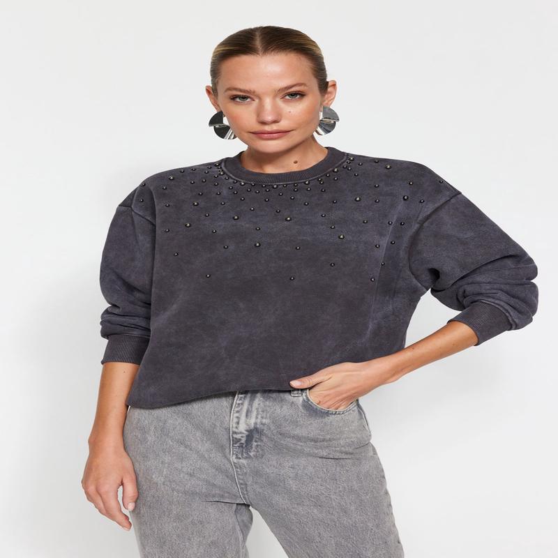 Women's black Straight Long Sleeve Regular Sweatshirts