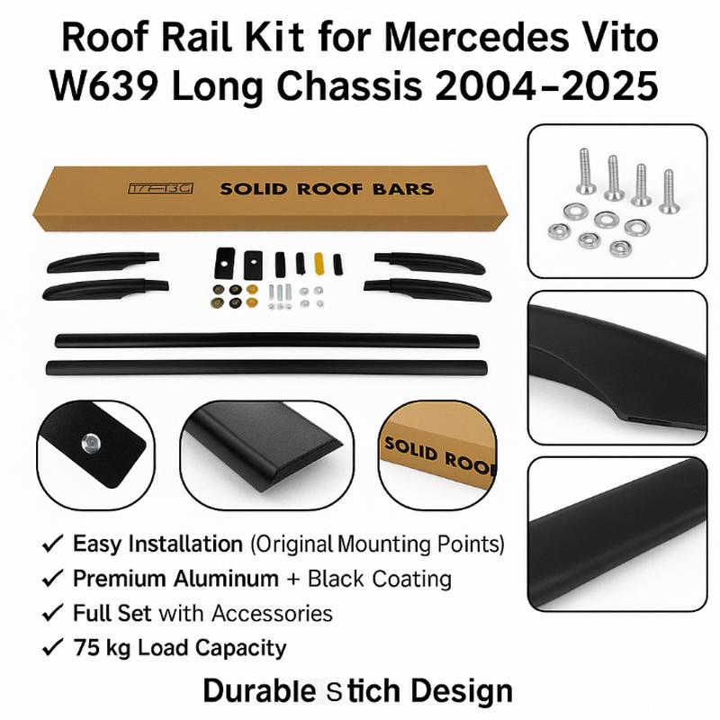Roof Rail for Mercedes Vito/W639 Long Chassis 2004-2025 Black Solid Roof Rack