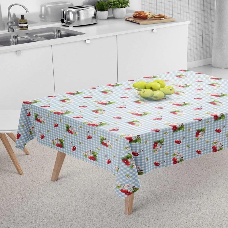 Gingham Cherry Patterned Blue Tablecloth, Table Cloth, Picnic Cloth