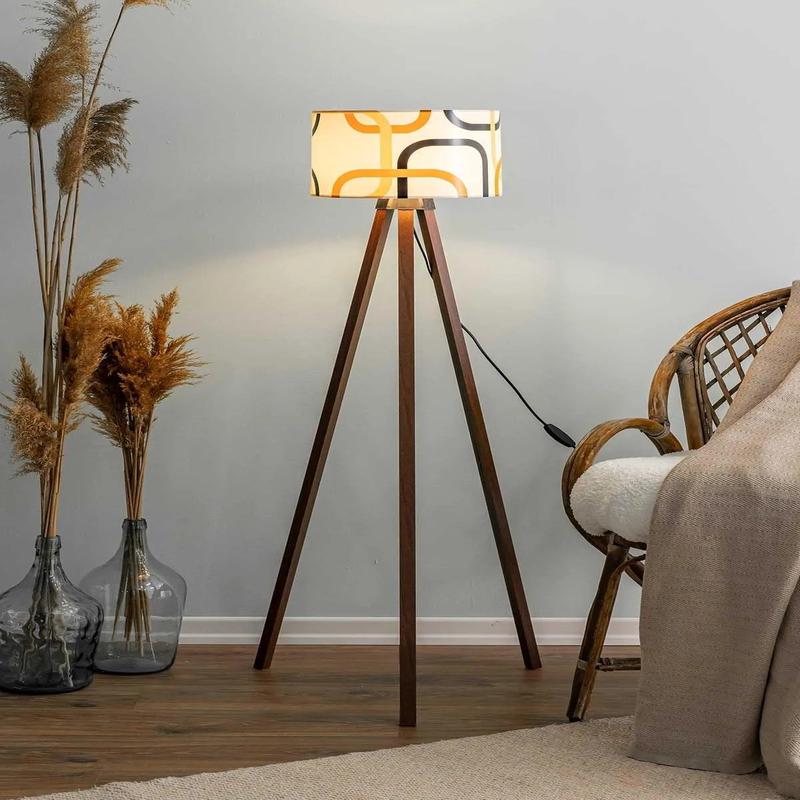 Abstract Cream Cylinder Headboard Wooden Three-Legged Floor Lamp