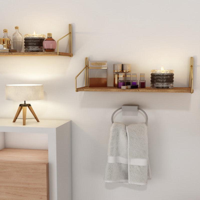 Wall Shelf Solid Wood with Gold Stainless Steel Finish, Decorative Shelf for Kitchen, Bathroom, Living Room