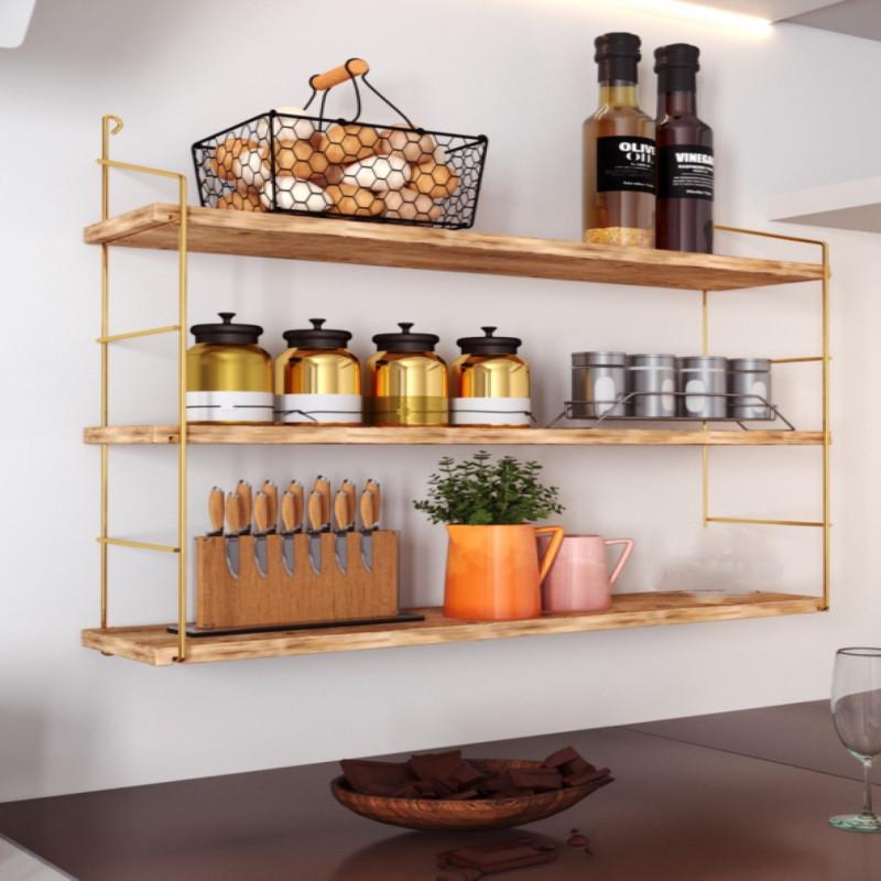 3-Piece Wall Shelf Solid Wood with Golden Stainless Steel Plating, Decorative Kitchen and Bathroom Rack, Bookshelf