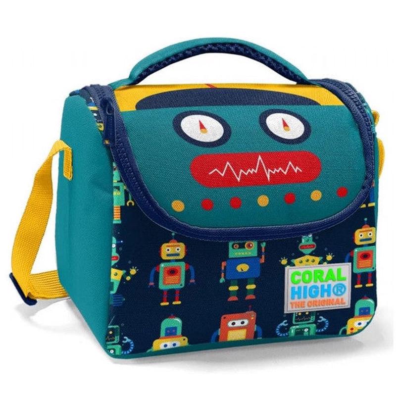 Coral High Green Navy Blue Robot Printed Boys School Lunch Bag