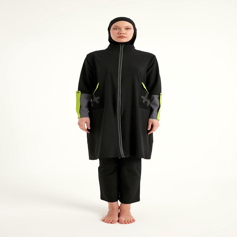 Black Full Coverage Modest Swimwear With Mesh Pocket M2522