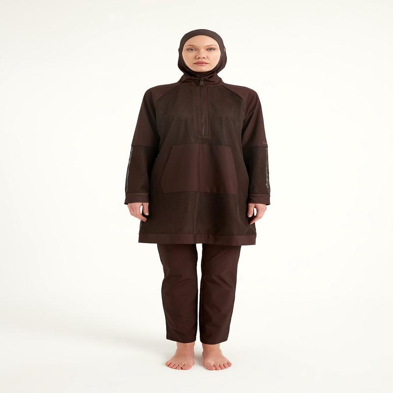 Brown Full Coverage Tulle Detail Modest Swimwear Burkini Set M2534-4