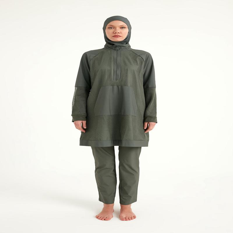 Khaki Full Coverage Tulle Detail Modest Swimwear Burkini Set M2534-3