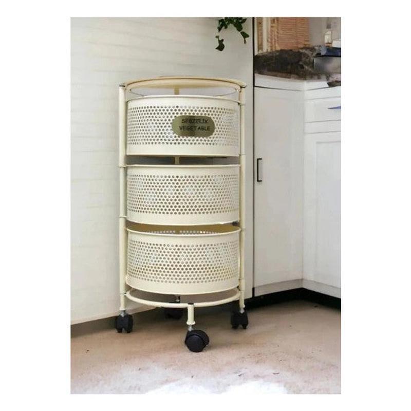 3-Tier Side-Opening Cream Vegetable And Fruit Storage Basket With Wheels Potato & Onion Rack