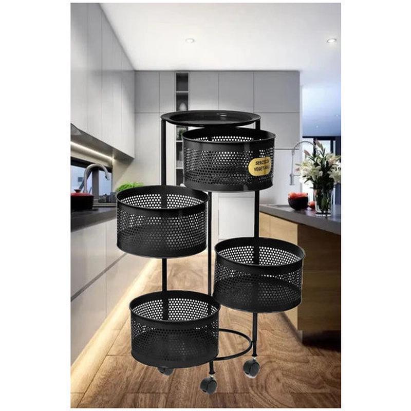 4-Tier Black Side-Opening Wheeled Potato & Onion Basket Vegetable And Fruit Storage Rack