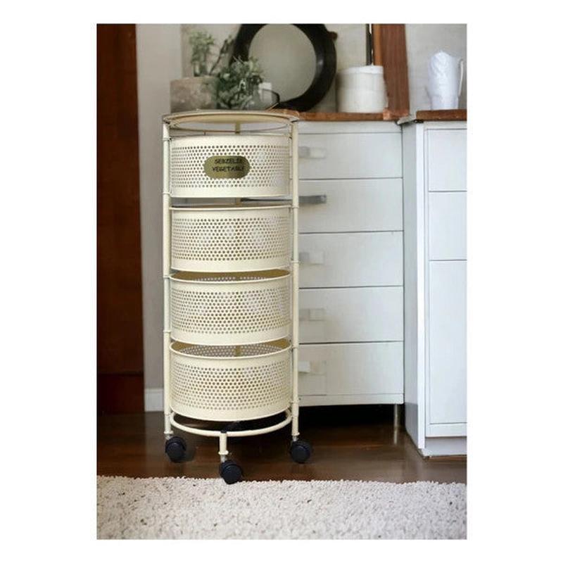 Cream 4-Tier Wheeled Vegetable Storage Rack Side-Opening Basket Shelf For Potatoes & Onions