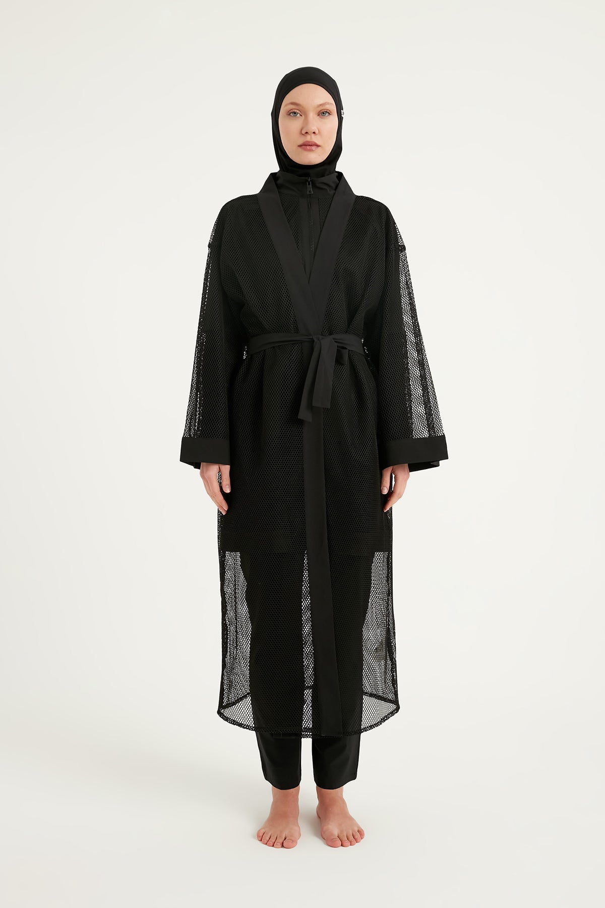 Black Full Coverage Mesh Kimono Lightweight Islamic Beach Cover-Up P2501-1