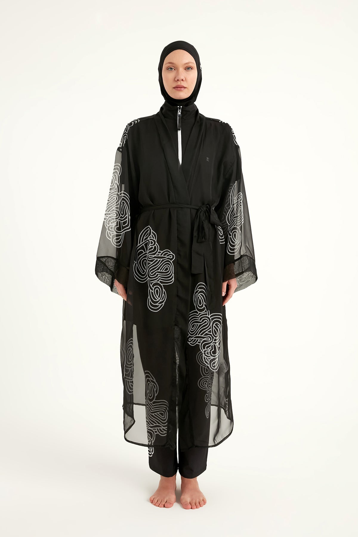 Marina Black & White Damask Chiffon Kimono - P2515