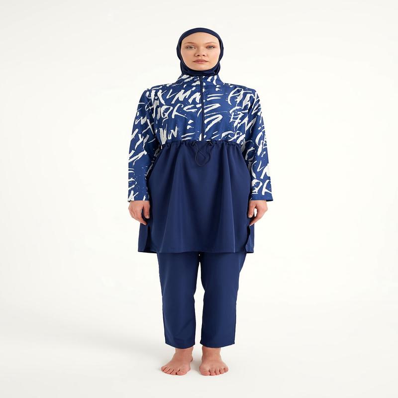 Navy Blue Full Coverage Modest Swimwear Set R2502