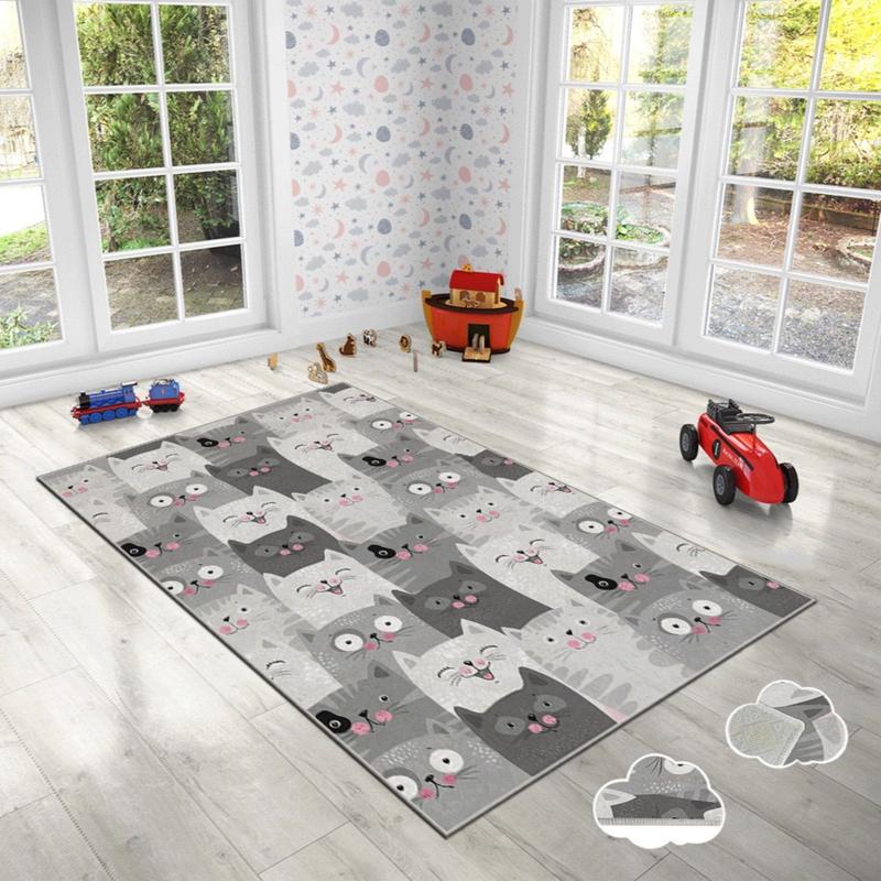Gray Cat Figured Digital Printed Children's Room Carpet