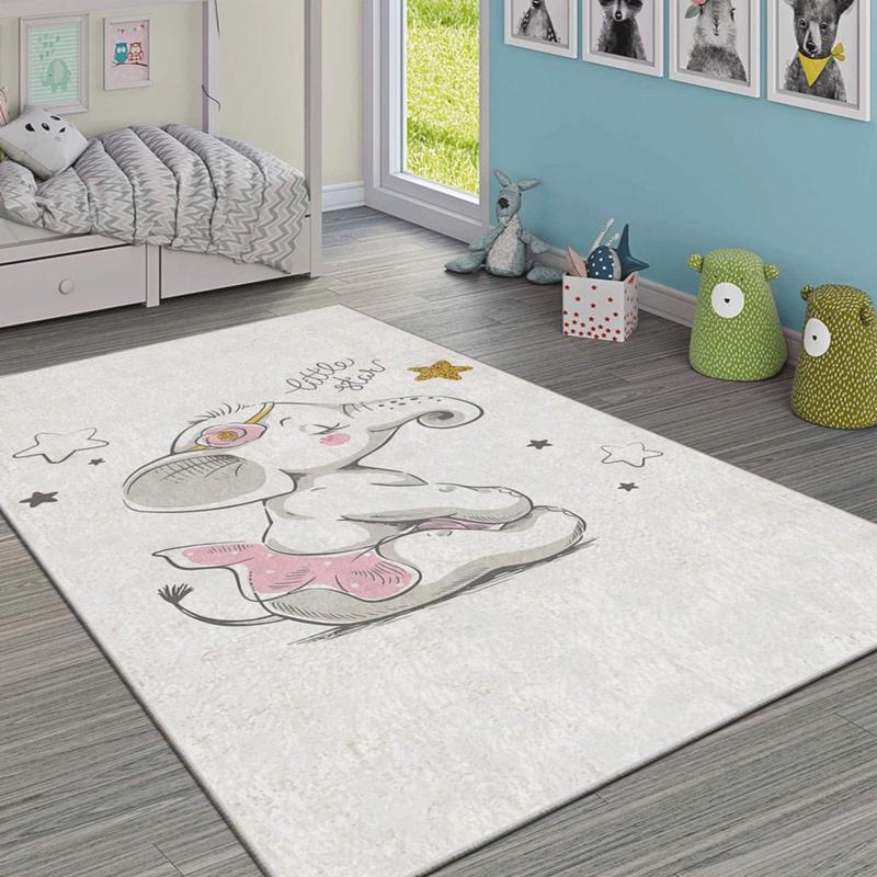 Pink Elephant Figured Digital Printed Children's Room Carpet