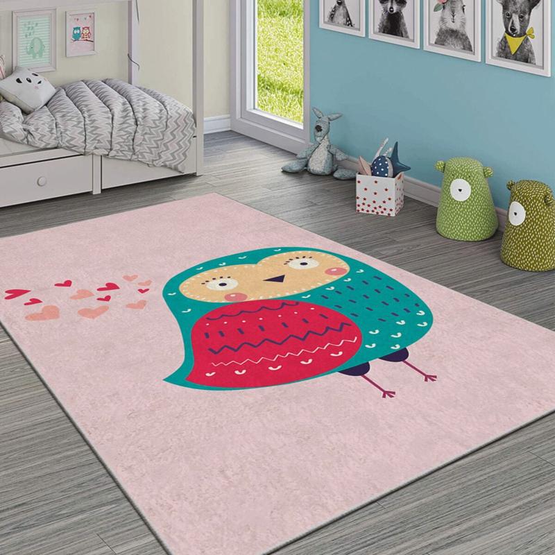 Pink Owl Figured Digital Printed Children's Room Carpet