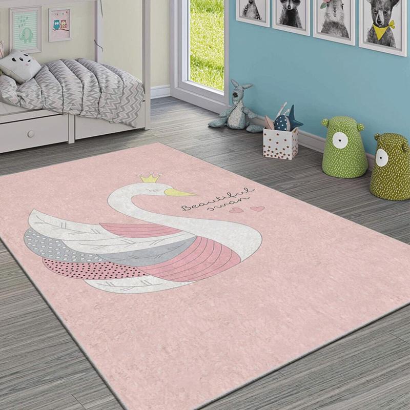 Pink Swan Figured Digital Printed Children's Room Carpet