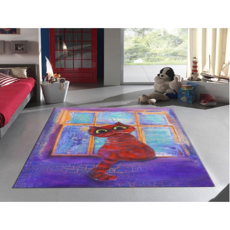 Purple Cat Patterned Digital Printed Children's Carpet