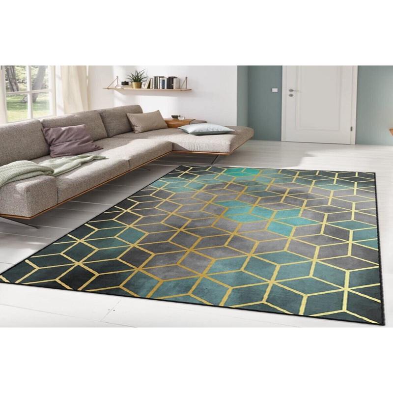 Blue Green Gold Patterned Digital Printed Carpet