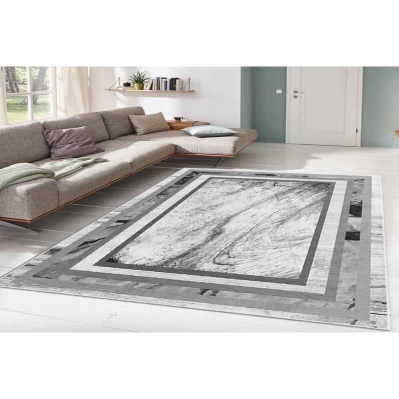 GrayWhite Frame Detailed Digital Printed Carpet