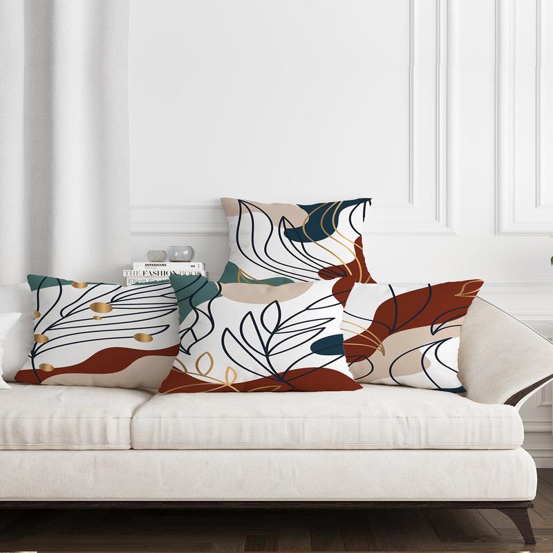 Colorful Gold Detailed Line Leaf Patterned 4 Pcs Digital Printed Cushion Cover