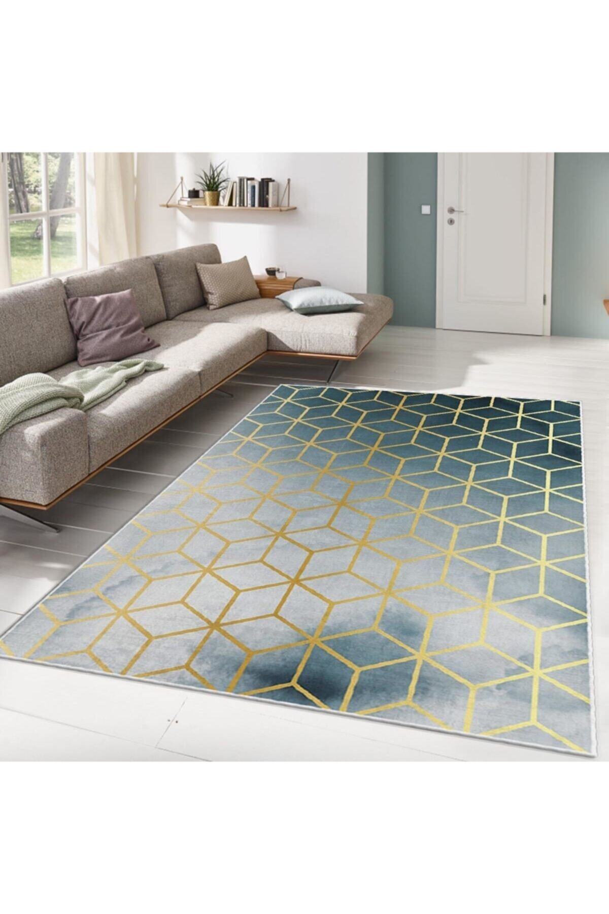 Green Gold Honeycomb Patterned Digital Printed Carpet