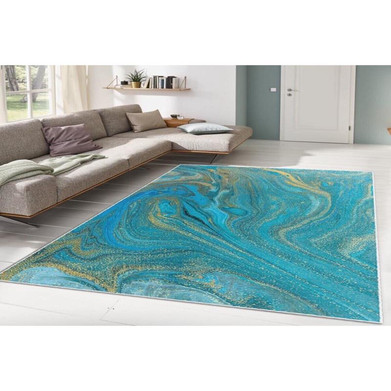 Turquoise Marbling Patterned Digital Printed Carpet