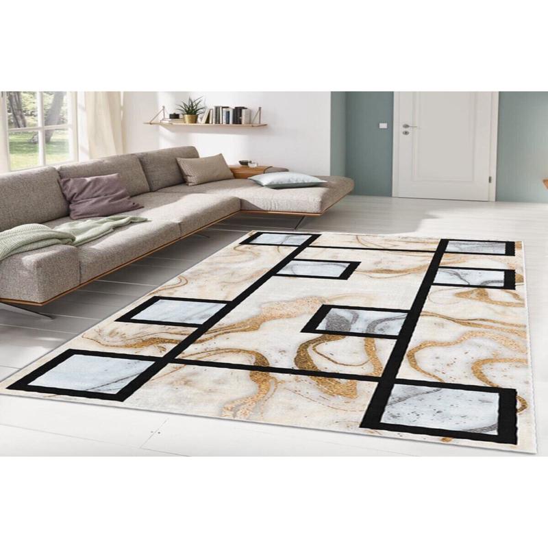 Black Gold Square Motif Digital Printed Carpet