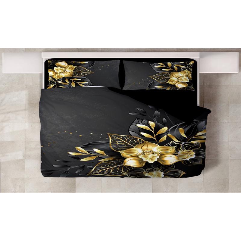 Gold Flower 3D Digital Printing Double Duvet Cover Set | Duvet Cover And 2 Pcs Pillowcases | Bedding Set, Bedroom Decor