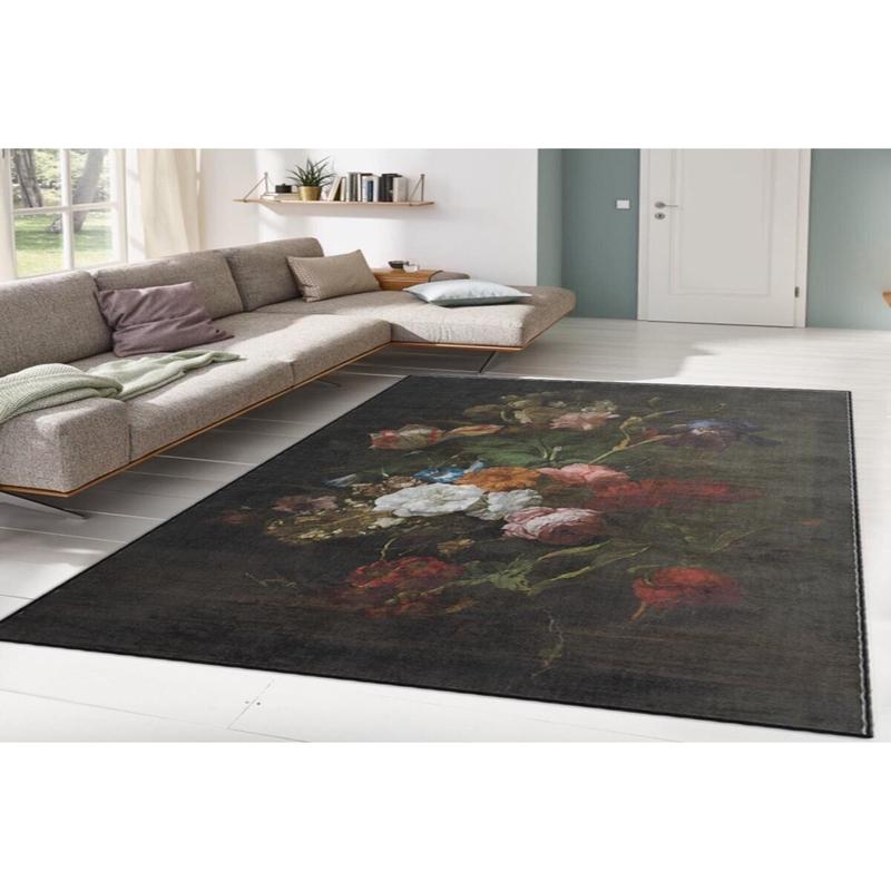 Black Antique Flower Look Digital Printed Carpet